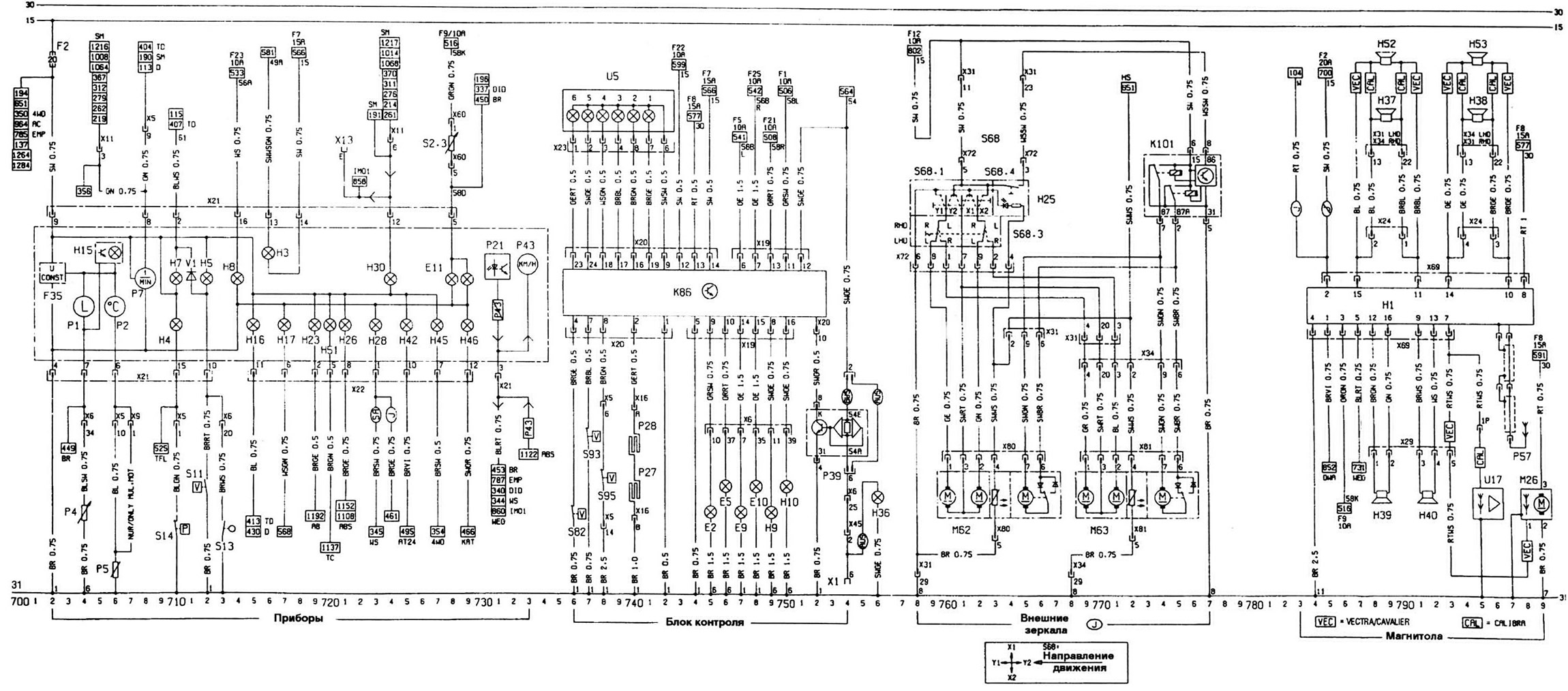Схема 7. Приборы, блок контроля, внешние зеркала, магнитола (Опель ...