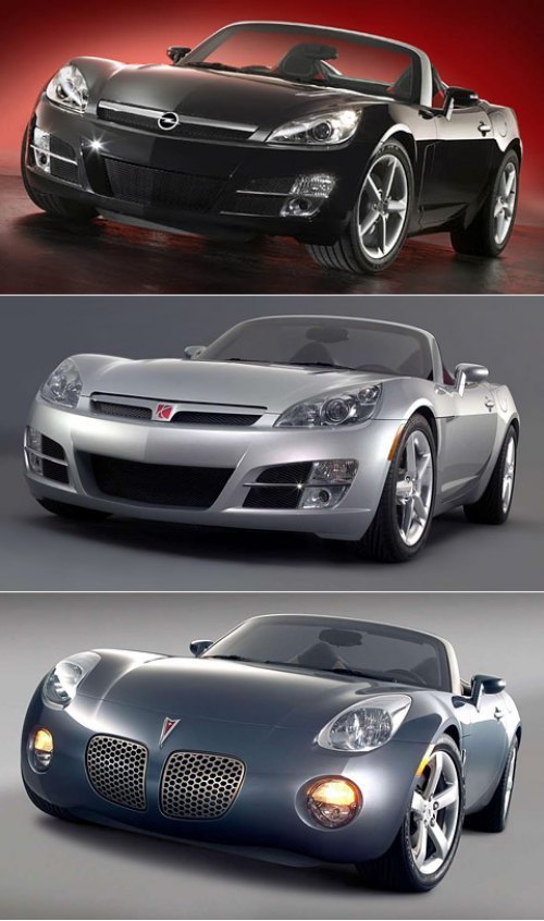 Три брата — Opel GT, Saturn Sky и Pontiac Soltice. Первые два — вообще близнецы.