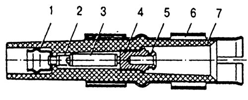 Рис. 7. Экранированный наконечник свечи зажигания: 1 - вывод; 2 - пружина; 3 - резистор; 4 -…