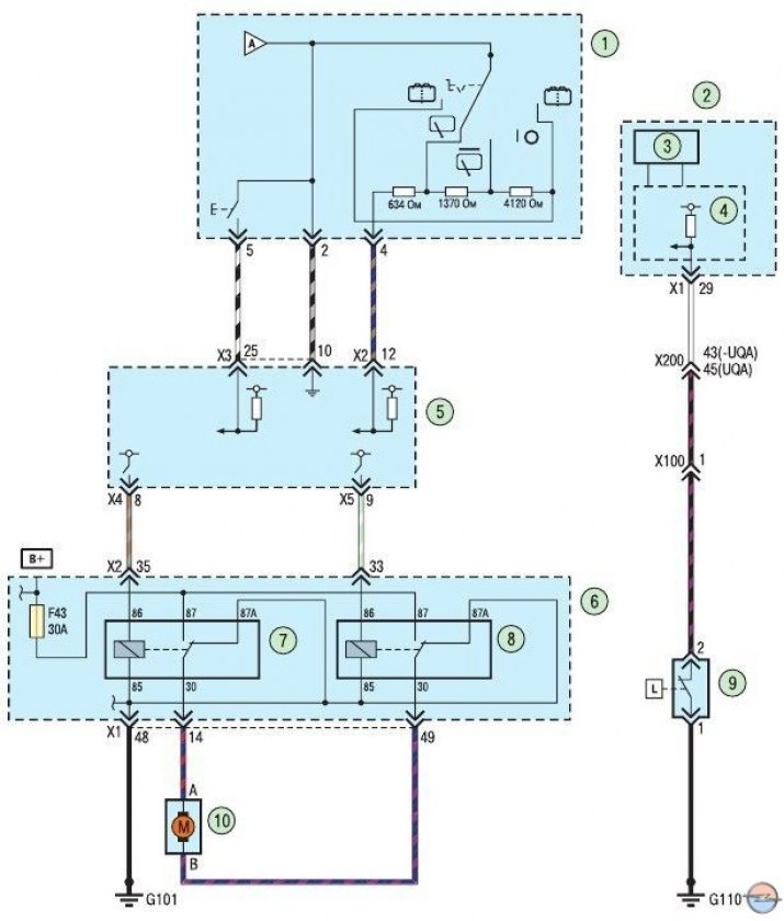 Схема 2. Стеклоомыватели: 1 - перамыкач стеклоомывателя ветравога акна; 2 - камбінацыя прыбораў; 3…