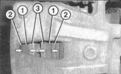 14.6. Checking the residual thickness of the brake shoe linings: 1. Brake linings; 2. Metallic…