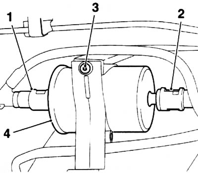 20.5. Fuel filter (4) (petrol models): 1, 2. Quick-release couplings; 3. Holder screw