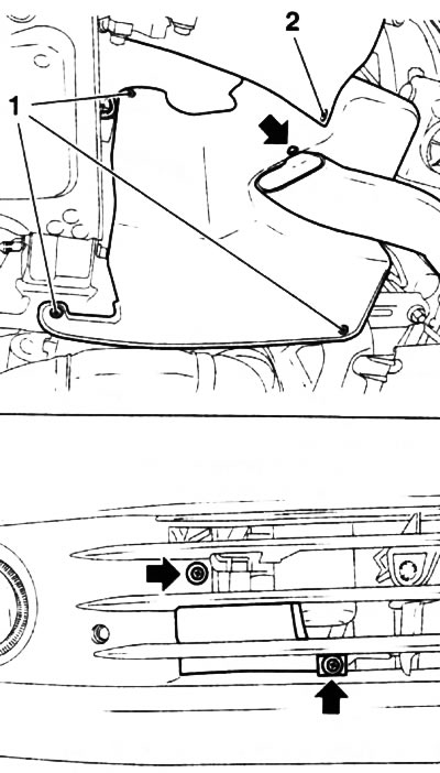 7.7. Fastening bolts (1) rivet (2) of the multi-rib belt cover and screws (indicated by arrows) air…