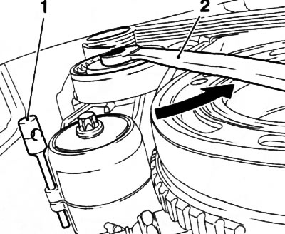 7.8. After squeezing the tension roller using the KM-913-A key (2), fix the tensioner with the…