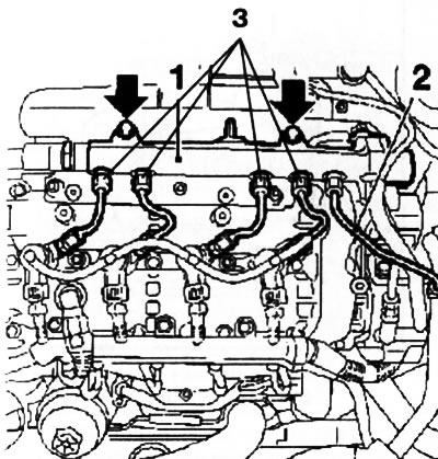 10.53. Vysokotlakové palivové vedenie (motor Z13DT) - šípky označujú upevňovacie skrutky rozvodu…
