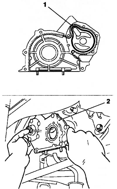 13.20. Installing the oil pump housing (2) (z17DTH engine): 1. Oil pump gasket
