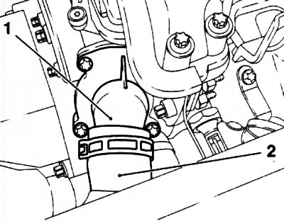 9.6. Remove the hose (2) from the cooling system branch pipe (1) (using the Z10XE engine as an…