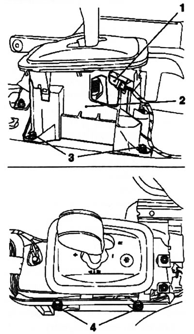 10.13. Bolts (3 and 4) for fastening the assembly (2) of the gear shift lever (Easytronic)