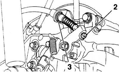8.3. Parking brake cable retaining clip (3) and end piece (2)