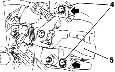 8.5. Bolts (4) for fastening the guide pins of the caliper (5) - the arrows indicate the hexagons…