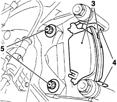 8.6. Bolts (5) for fastening the rear wheel brake guide: 3. Brake pads; 4. Sliding plates