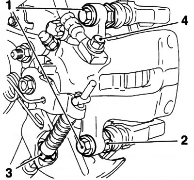 8.13. Fastening the rear brake caliper (corsa models from 09/2003 and Meriva models): 1. Guide pin…