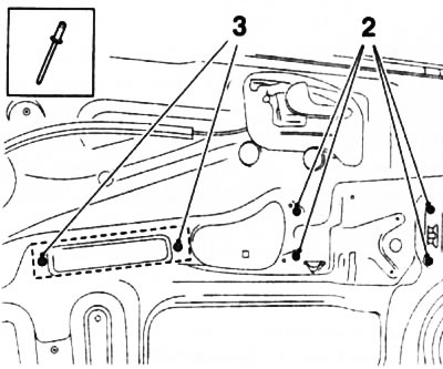 28.6. Rivets for fastening the window lifter (2) and guide (3) (corsa C models)