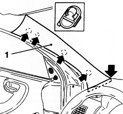 43.3. Demontáž horného obloženia (1) stĺpika A (modely Corsa) - šípky označujú svorky