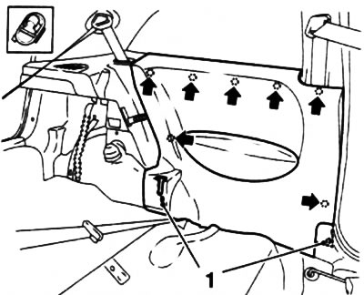 45.4. Lower screws (1) and fasteners (indicated by arrows) rear side trim fasteners (3-door…