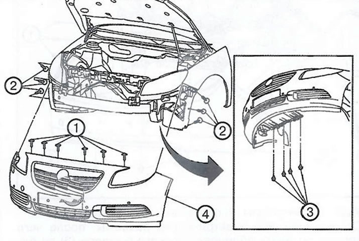Опель Астра Г, Зафира. Снятие и установка бамперов. Opel Astra G / Zafira / 4de2