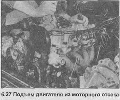 27. Вызваліўшы рухавік ад каробкі перадач, падніміце рухавік з маторнага адсека (фота).