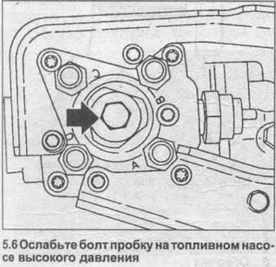 6. Odkręcić korek śrubowy w pokrywie pompy wtryskowej (zobacz ilustrację).