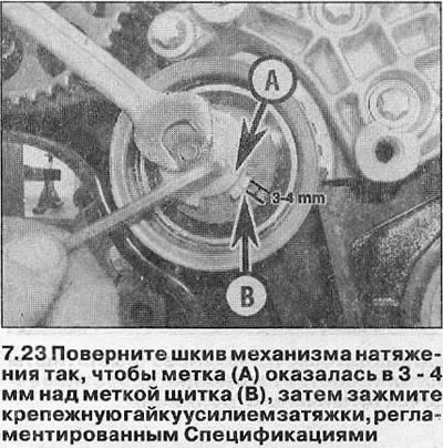 23. Користећи шестоугаони кључ, окрените ременицу затезача тако да ознака на плочици затезача буде…