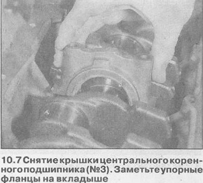 7. Внимателно отстранете всеки капак от цилиндровия блок, като се уверите, че долният основен лагер…