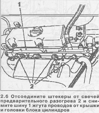 6. Одвојите утикаче са утикача за предгревање 2 и уклоните сабирницу 1 снопа каблова са поклопца и…