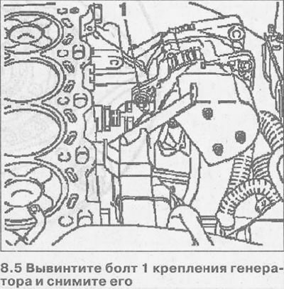 5. Развийте монтажния болт на генератора 1 и го отстранете (вижте илюстрацията).