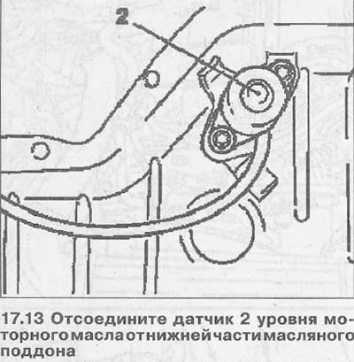 13. Одвојите сензор нивоа моторног уља 2 са дна уљног корита (погледајте илустрацију).