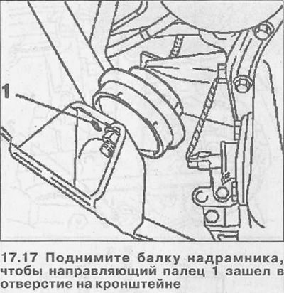 17. Подигните греду потконструкције тако да вођица 1 уђе у отвор на држачу (погледајте илустрацију).