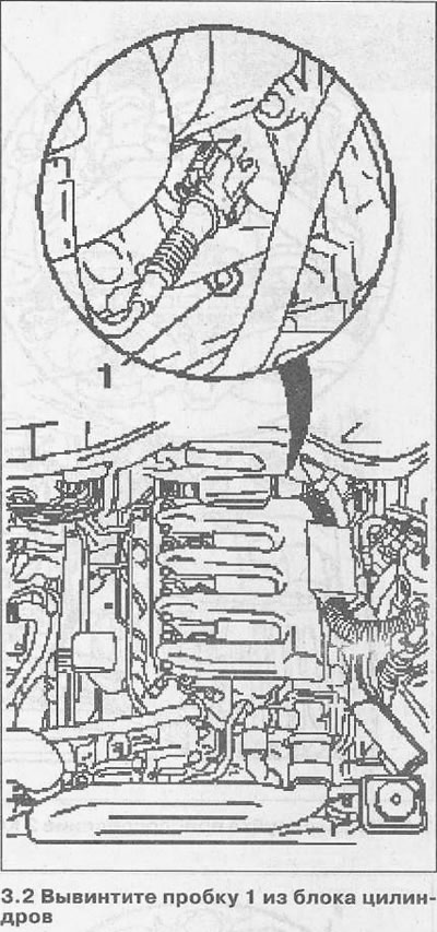2. Odkręcić korek 1 z bloku cylindrów (zobacz ilustrację).