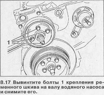 17. Выкруціце балты 1 мацавання рэмень шківа на вале вадзяной помпы, нацягнуўшы Клінава рэмень для…