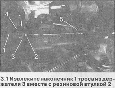 1. Выміце наканечнік 1 троса з трымальніка 3 разам з гумовай утулкай 2 (гл. ілюстрацыю).