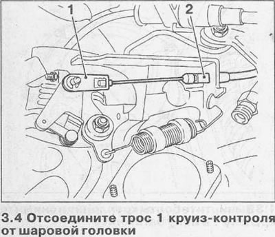 4. Аўтамабілі з рухавіком V6 з круіз-кантролем. Адлучыце трос 1 круіз-кантролю ад шаравой галоўкі…