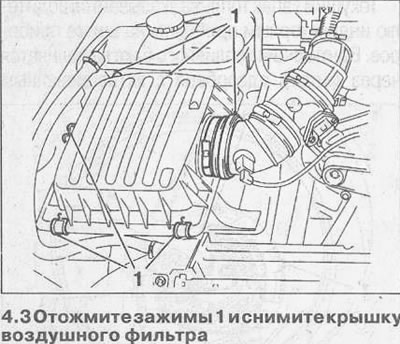 3. Apăsaţi clemele 1 şi scoateţi capacul filtrului de aer (vezi ilustrația).