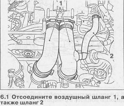 1. Отсоедините воздушный шланг 1, а также шланг 2, ослабив хомуты крепления (см. иллюстрацию).
