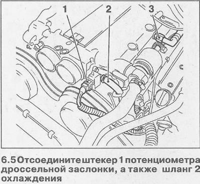 5. Отсоедините штекер 1 потенциометра дроссельной заслонки, а также шланг 2 охлаждения от корпуса…