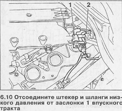 10. Отсоедините штекер и шланги низкого давления от заслонки 1 впускного тракта (см. иллюстрацию).