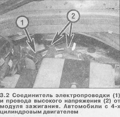 2. Проверьте, чтобы зажигание было выключено, затем отсоедините электропроводку и провода высокого…