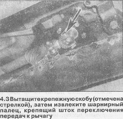 3. Вытащите крепежную скобу и извлеките из обращенного к рычагу конца штока переключения передач…