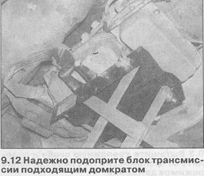 12. Подуприте мењач помоћу дизалице, постављајући комад дрвета између њих, и подигните дизалицу да…