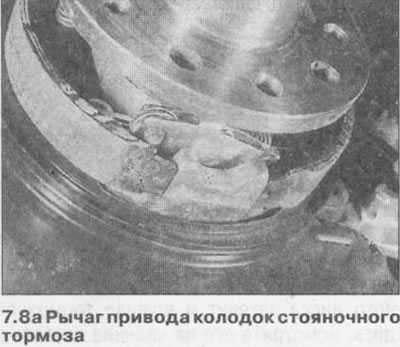 8. Притисните папуче кочнице даље од полуге за отпуштање и полуге. Одвојите горње и доње опруге…