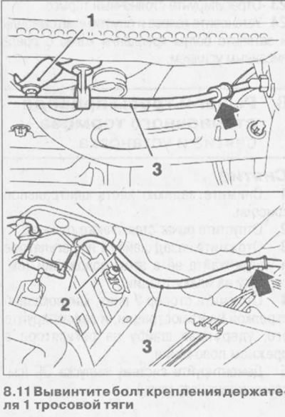 11. Deșurubați șurubul care fixează suportul de tracțiune a cablului 1 (vezi ilustrația).