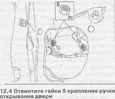 4. Deșurubați piulițele 9 care fixează mânerul de deschidere a ușii (vezi ilustrația).