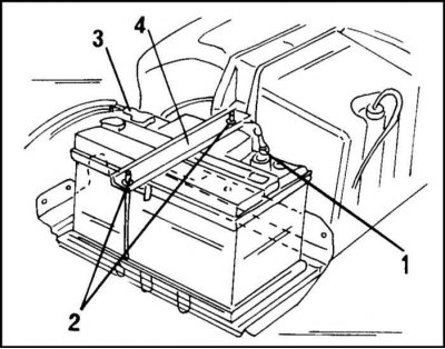 Nosač baterije: 1 - kabel za uzemljenje; 2 - podloške; 3 - pozitivni kabel; 4 - montažna traka