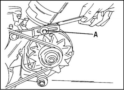 5. Loosen the generator tensioner mounting bolt (A) in the illustration, push the generator inward…