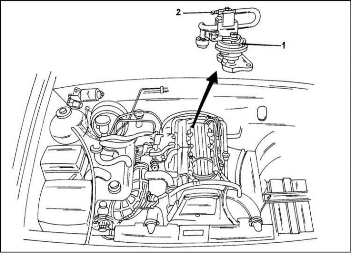 The exhaust gas bleed valve (1) is located on the back of the engine. A low pressure hose is…
