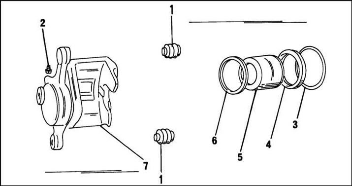 Front brake caliper parts for vehicles produced since mid-1995: 1 - protective cover; 2 - air bleed…