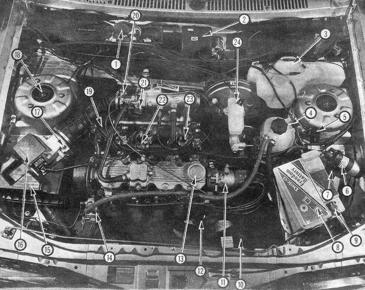 Slika 11. Motorni prostor Opel Ascone 1.8 (modeli prije 1987.): 1. Motor brisača vjetrobranskog…