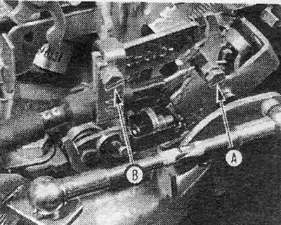 Foto 28.5. Conectarea cablului de accelerație la carburator: A. Clemă interioară pentru cablu; B.…