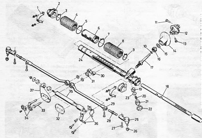 Рис. 8.1 Рулевой механизм в разобранном виде — левая сторона 1. Крепежная скоба.; 2. Изолятор.; 3.…