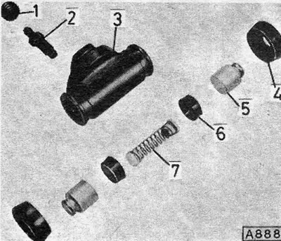 Rysunek 9.29. Rozmontowany cylinder tylny: 1. Osłona przeciwkurzowa; 2. Śruba odpowietrzająca; 3.…